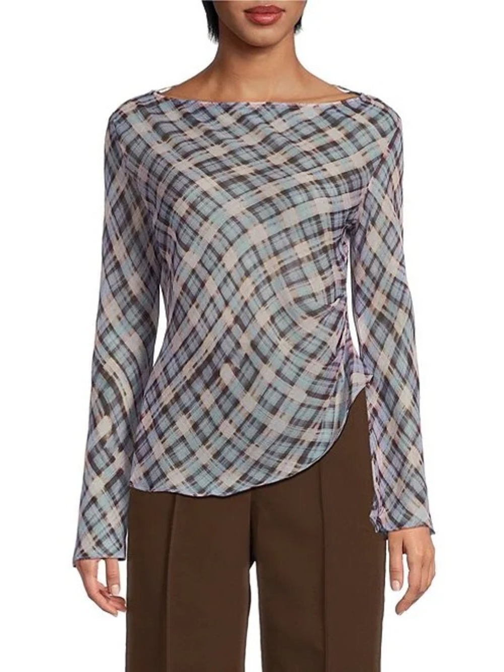 Lucy Paris Sheer Plaid Asymmetrical Long Sleeve Blouse Women’s Size XL